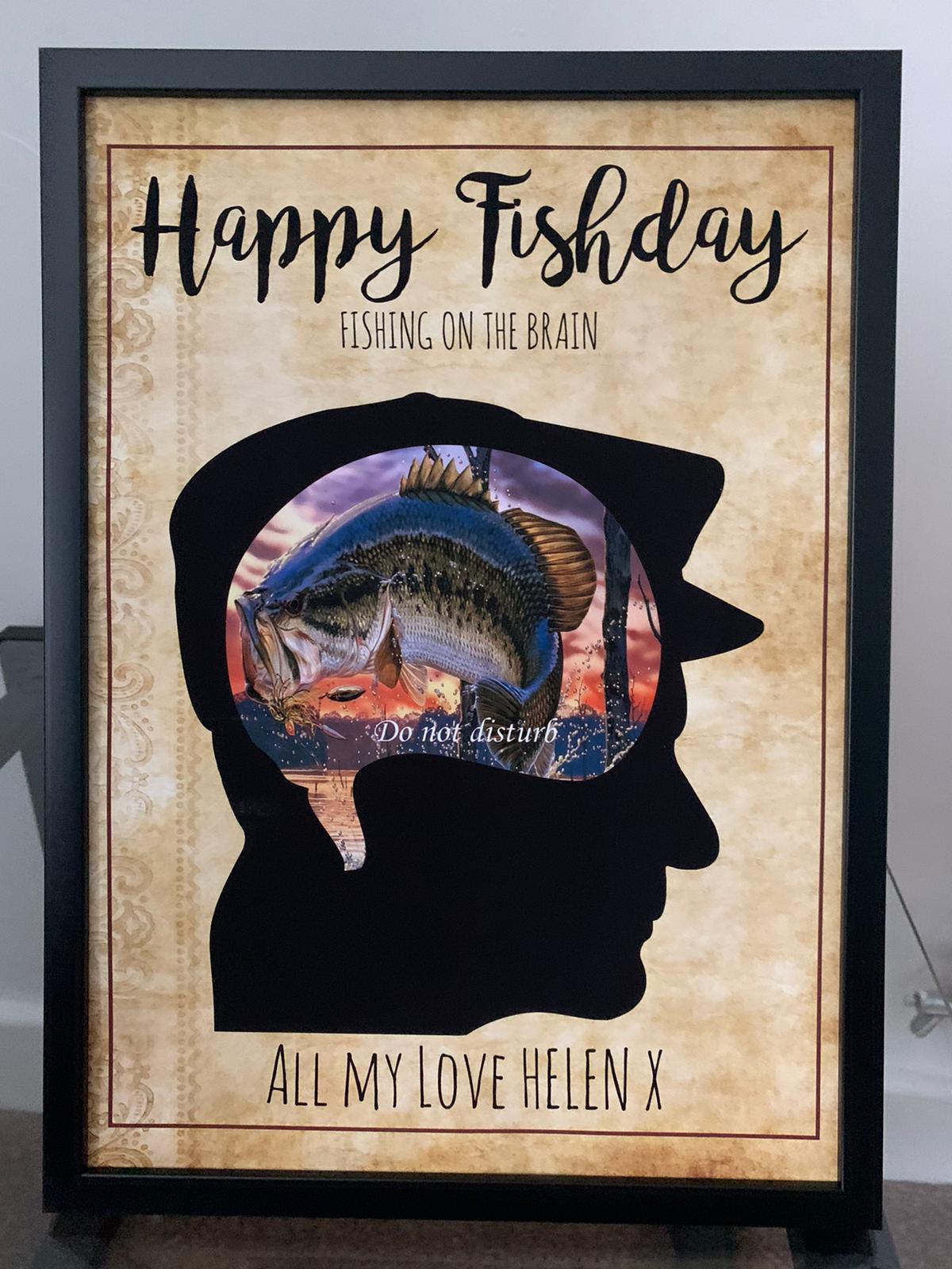 A4 Birthday Framed Fishing On The Brain Print, Ideal Present.